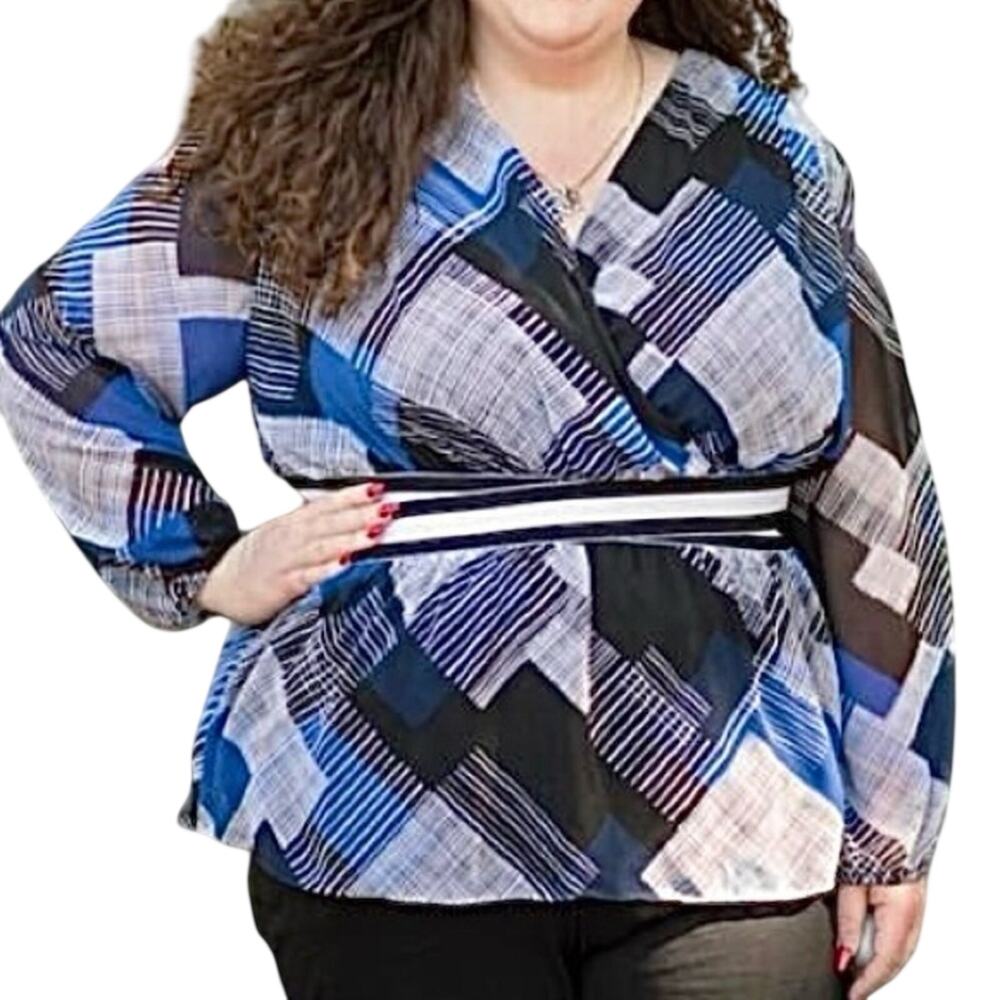 Lane Bryant Royal Blue Geometric Babydoll Peplum 22 24 Surplice Chiffon Blouse